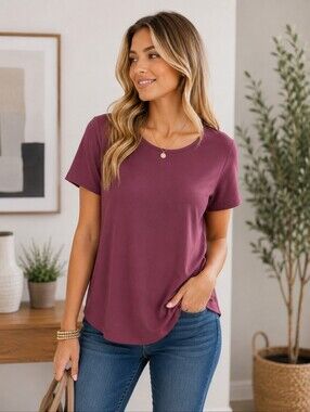 BETABRAND Top Womens Large Mauve Short Sleeve Knit Stretch Work Casual Basic